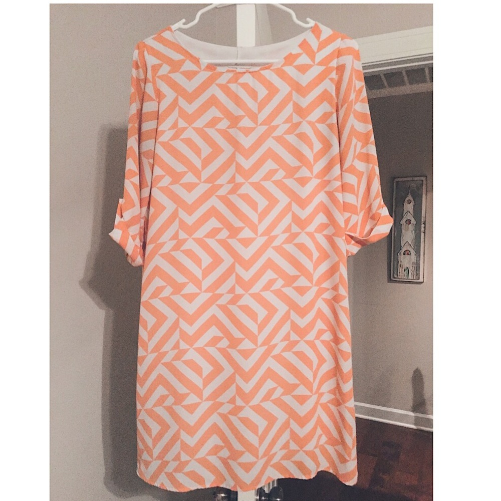 Peach + White Geometric Print Sheath Dress